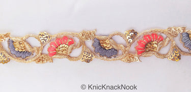 Hand Embroidered Lace Trim In Grey and Orange Floral Embroidery, Gold Sequins and Antique Gold Zardozi, Wedding